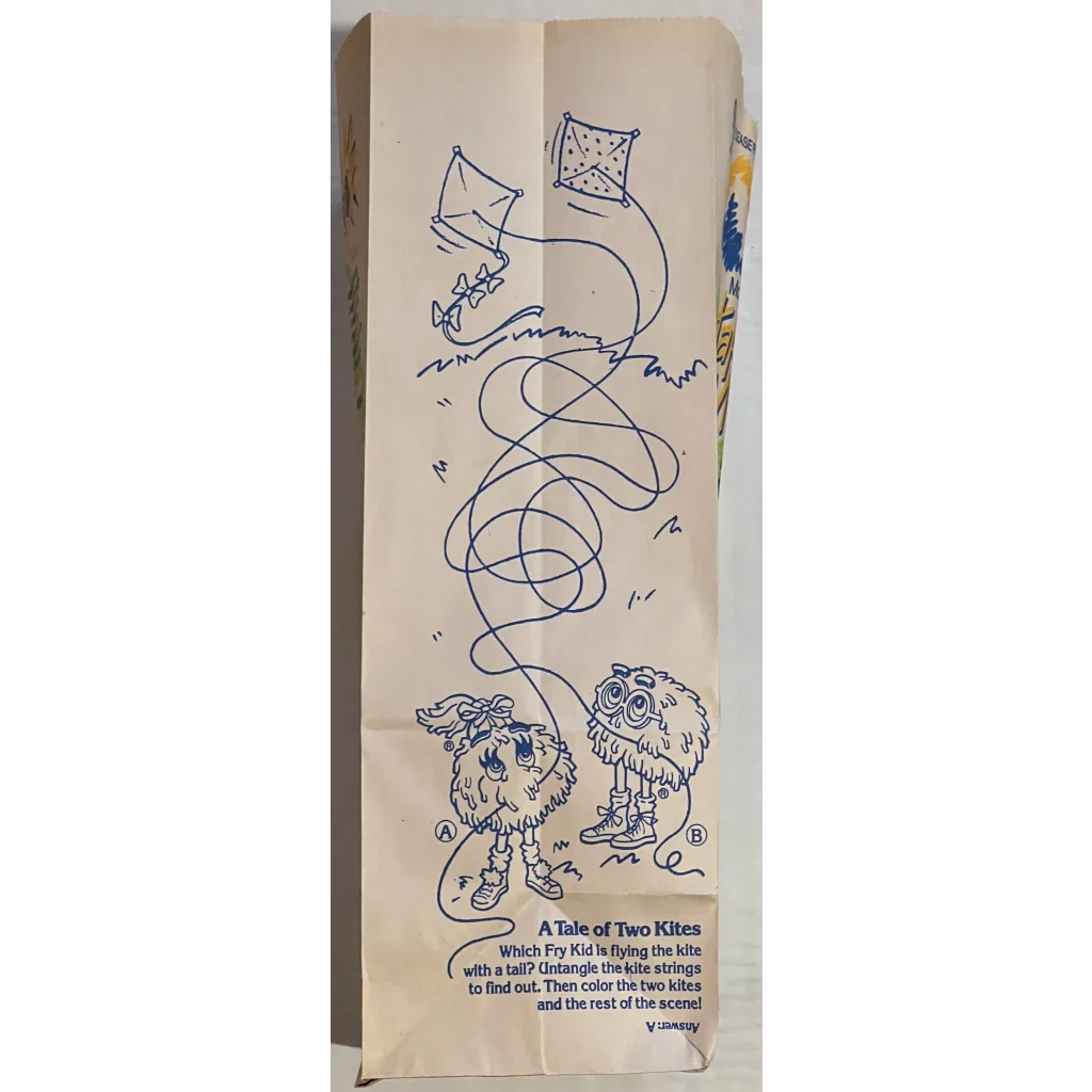 Whimsical blue ink drawing on a Rare 1991 McDonald’s Happy Meal Bag with classic characters