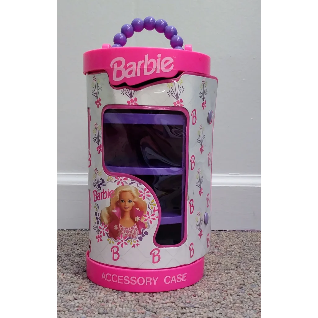 Vintage 1994 Barbie floral accessory case with pink white design purple handle