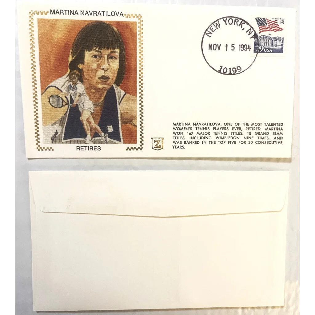 Commemorative envelope featuring a portrait of Martina Navratilova celebrating her retirement