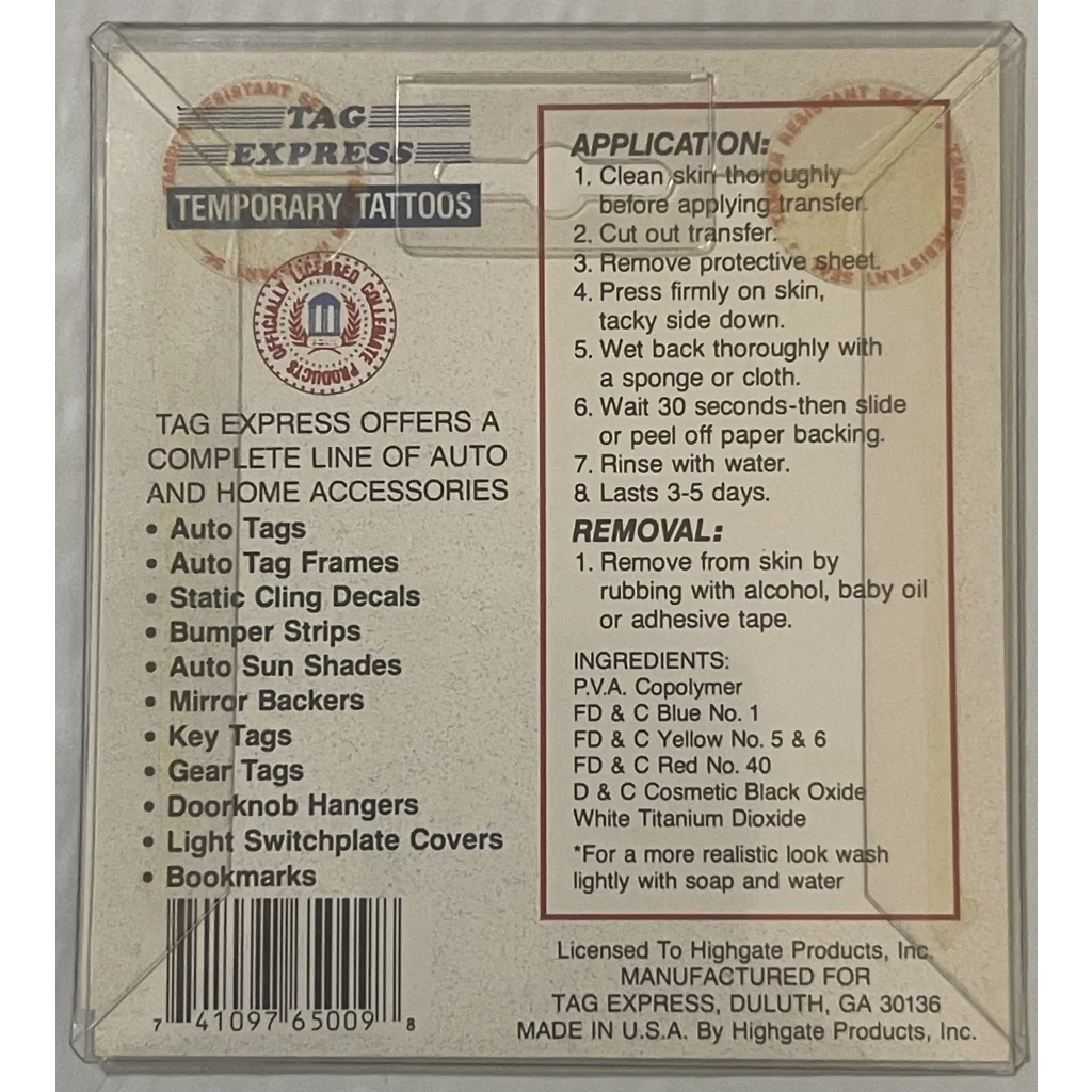 Rare Georgia Bulldogs 1994 Temporary Tattoos with application instructions and info