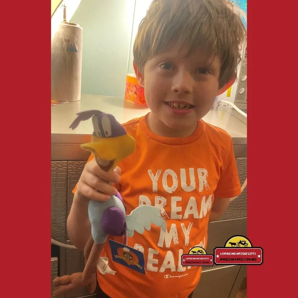 Young boy in orange tee with dinosaur slogan holds Rare 1997 Looney Tunes Roadrunner plush