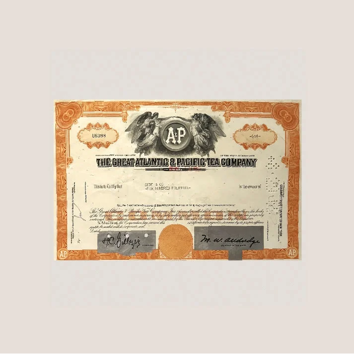 Vintage stock certificate of Great Atlantic & Pacific Tea Company showcasing A&Ps historical significance