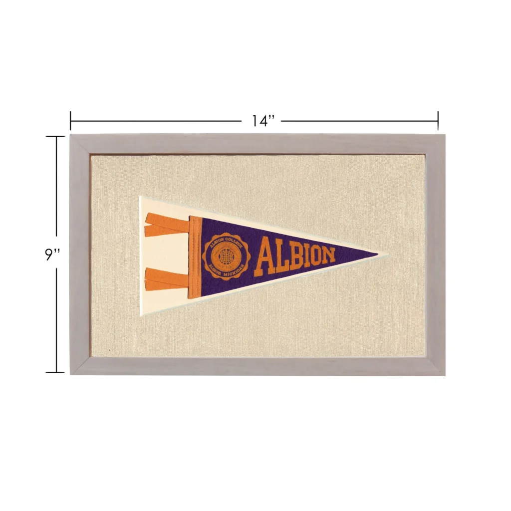 Vintage Albion College pennant in navy blue and orange frame