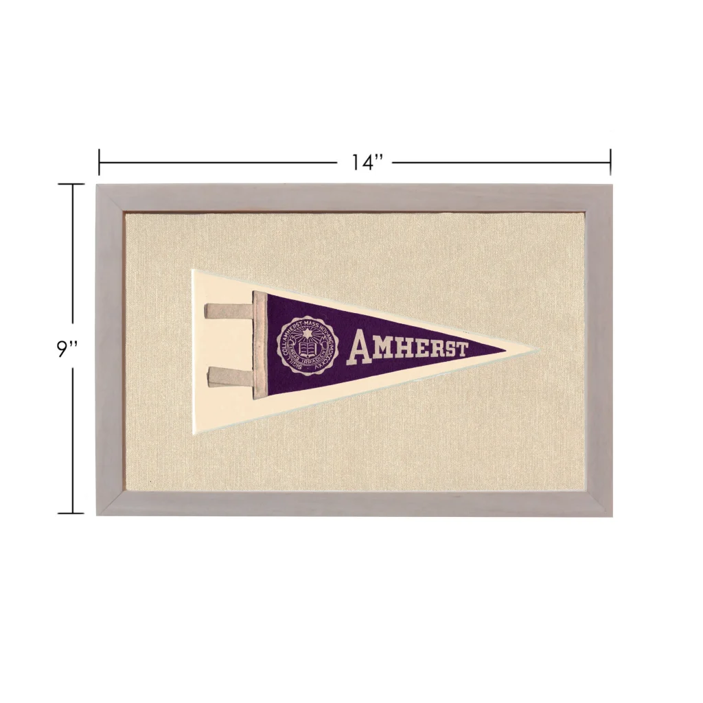 Vintage Amherst College pennant in framed purple and cream display