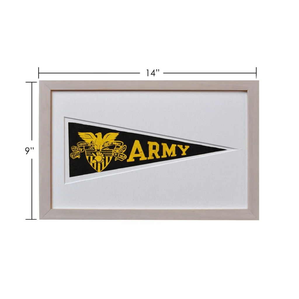Vintage army Hormel wool felt pennant in black, gold, and gray frame