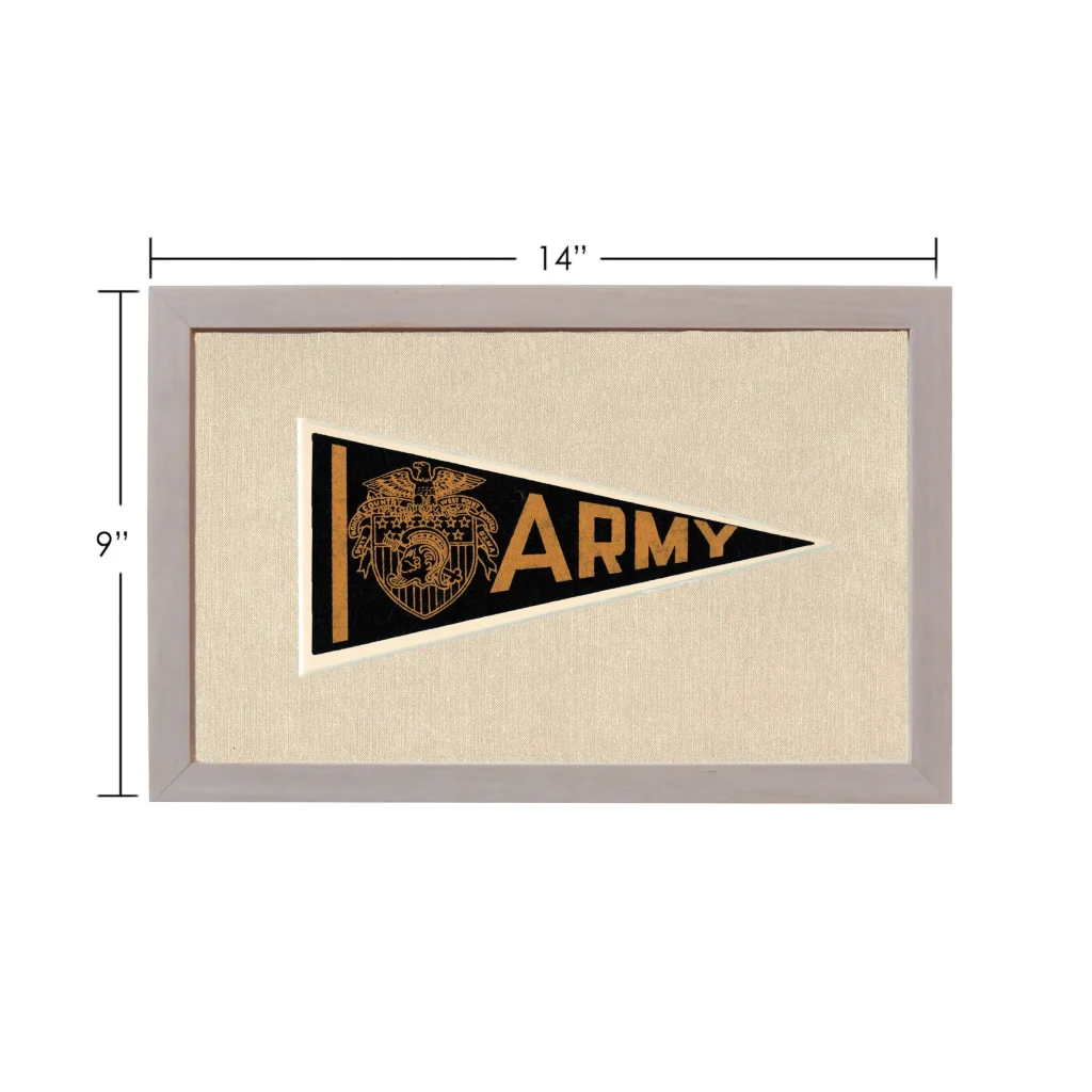 Vintage army pennant in black and gold, framed in gray