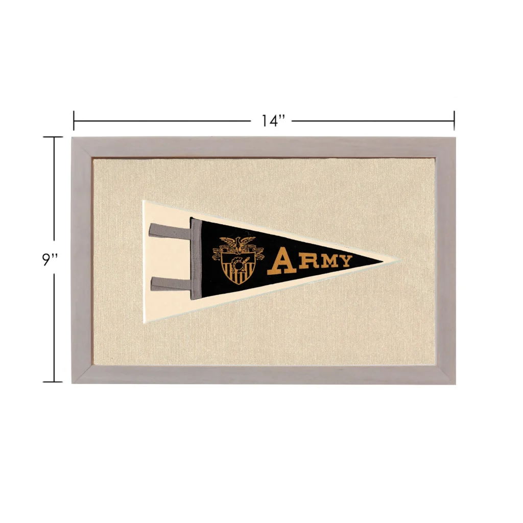 Vintage army pennant in black and gold, framed in gray