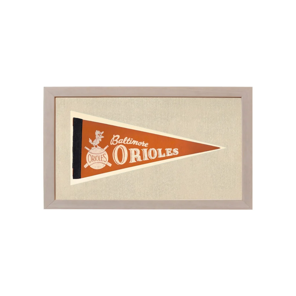 Vintage Baltimore Orioles pennant framed, orange cream design with logo