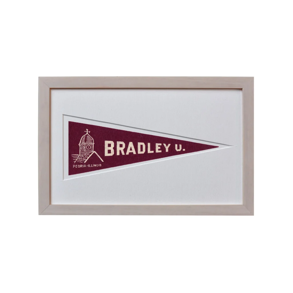 Vintage Bradley University maroon and white pennant flag in gray frame