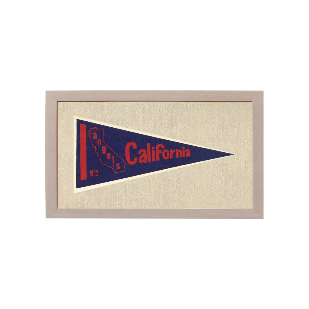 Framed vintage California Angels pennant in navy blue and red