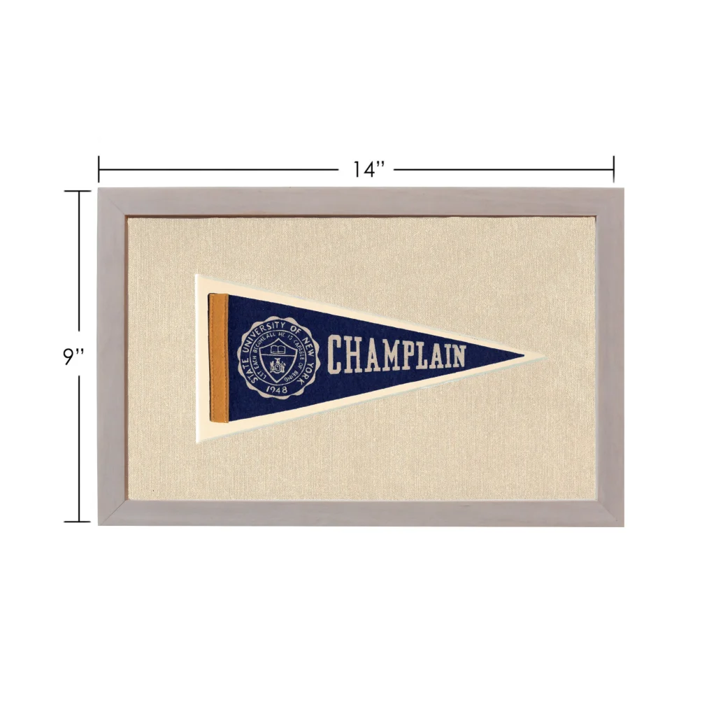 Vintage Champlain pennant in navy blue and cream with 1748 crest