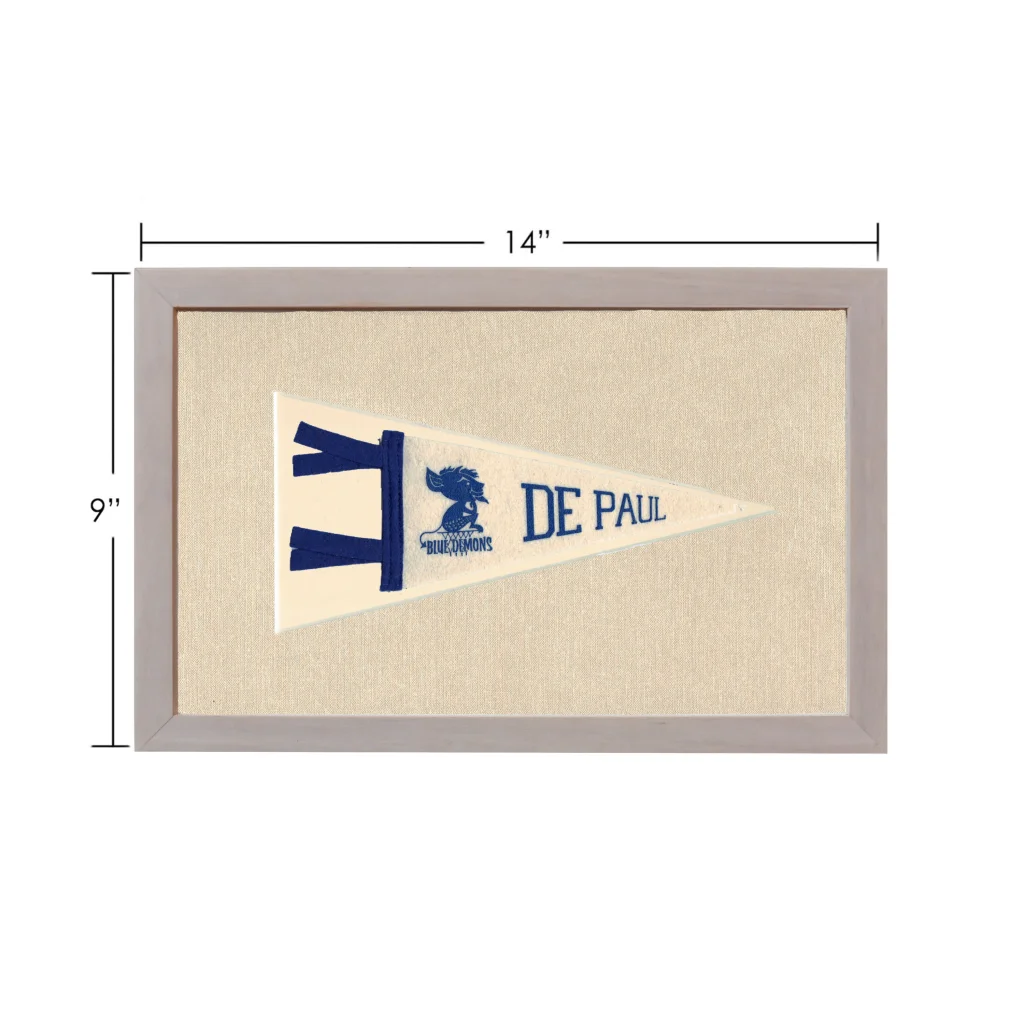 Vintage DePaul University pennant in cream with navy DePaul lettering and blue Demons logo
