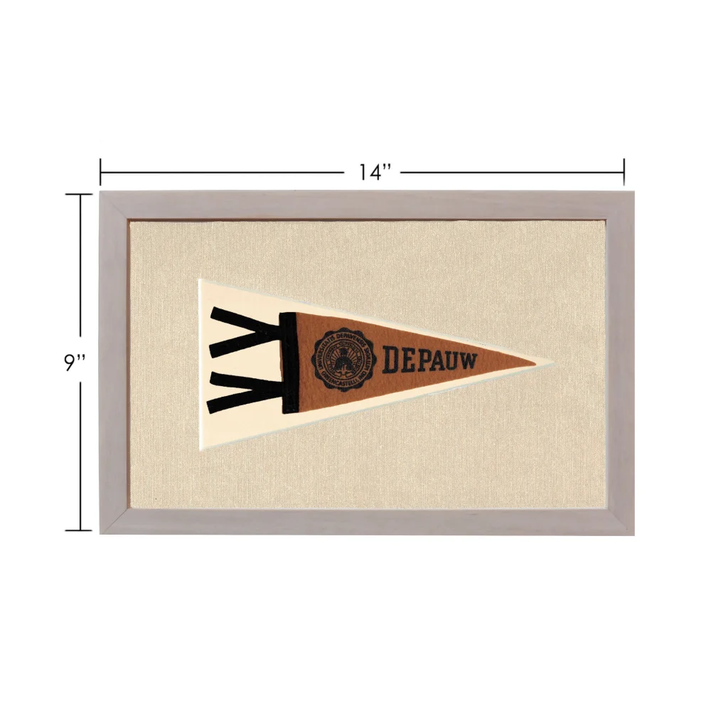 Vintage DePauw University pennant with beige frame and Greek letters