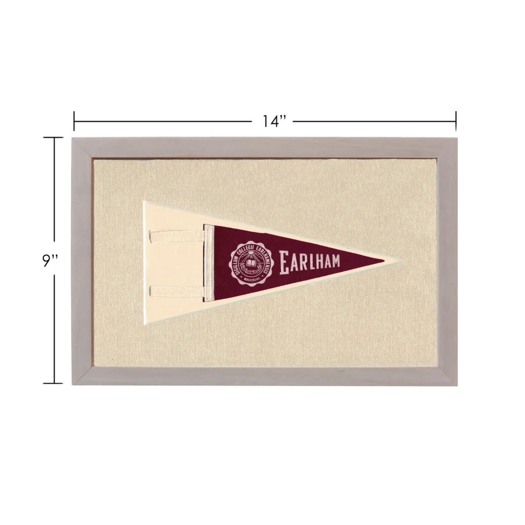 Vintage Earlham College pennant in maroon, cream, gray frame