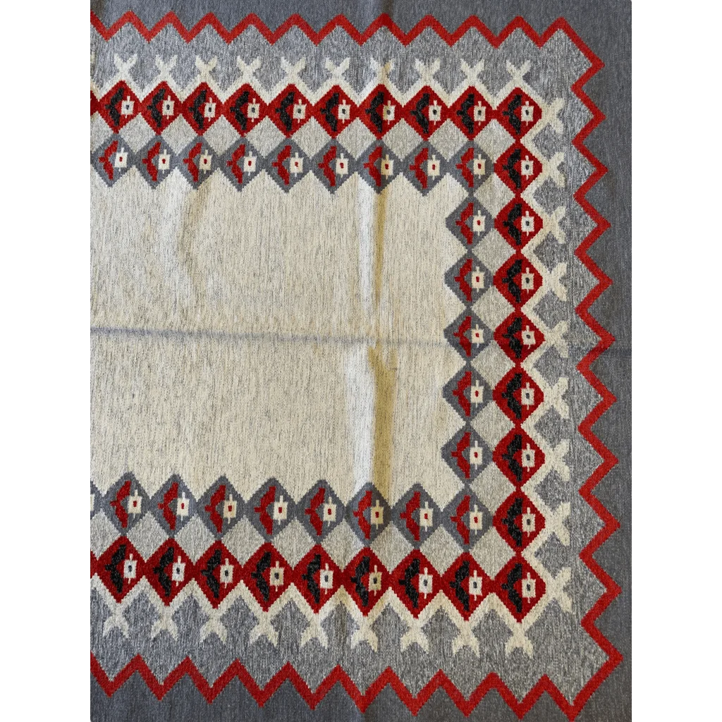 Vintage Eastern European kilim rug blanket in gray red geometric weave