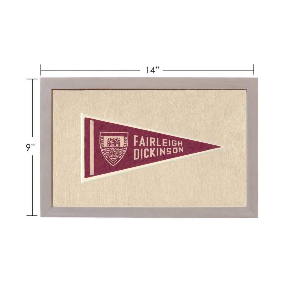 Vintage Fairleigh Dickinson maroon and cream pennant in gray frame