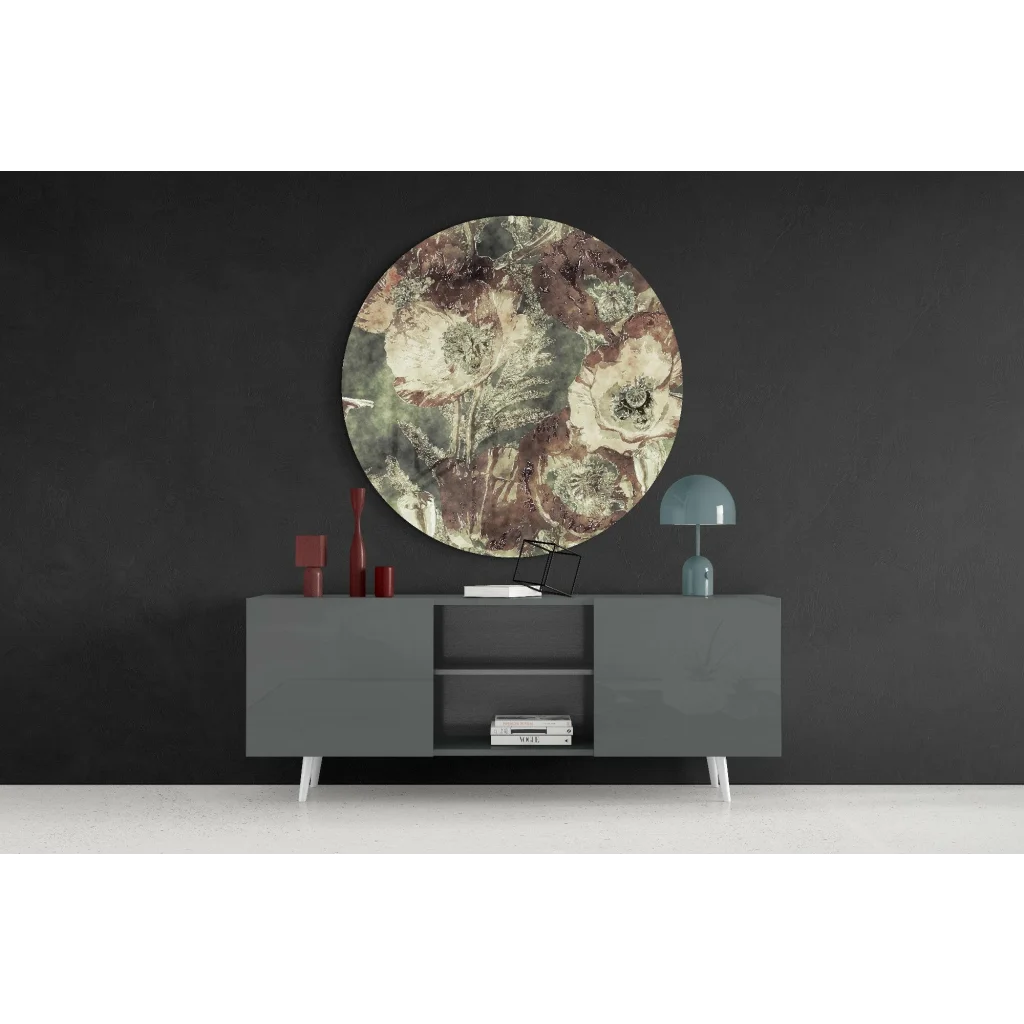 Vintage floral tempered glass art with muted earthy tones and size guide