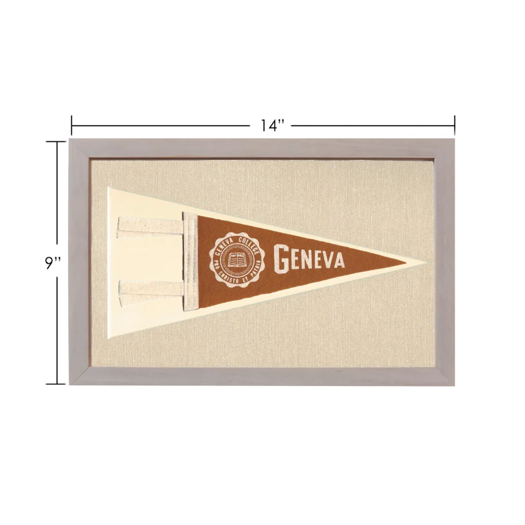 Vintage Geneva College pennant in framed brown cream design