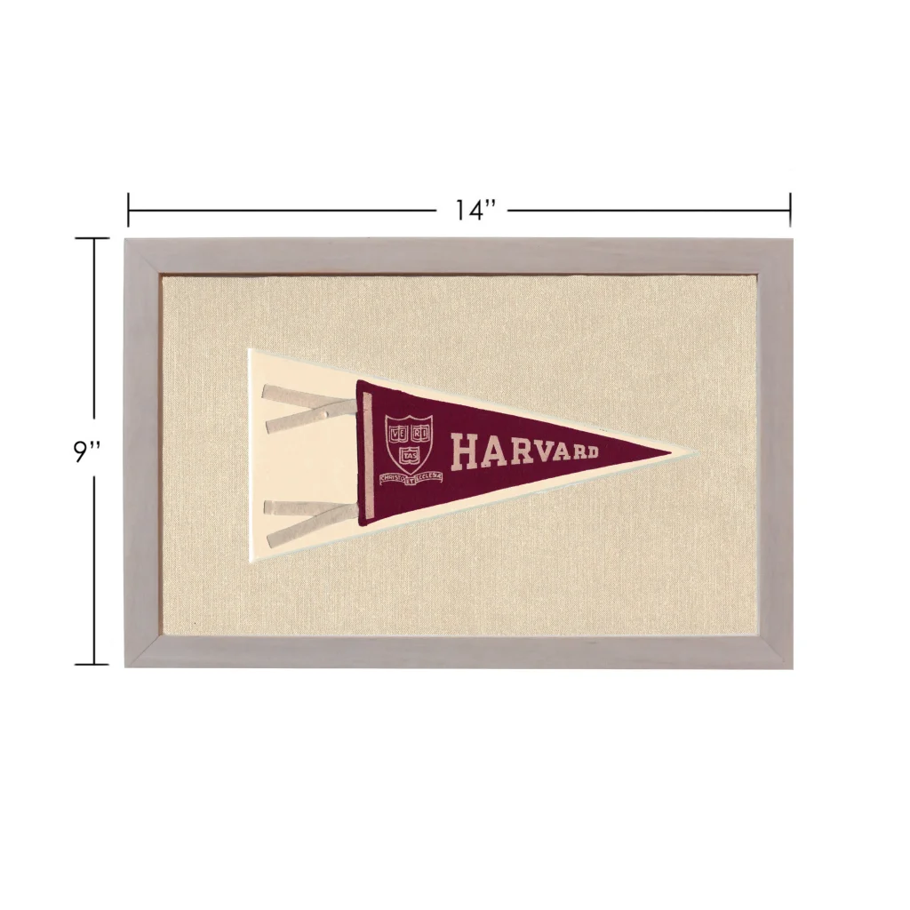 Vintage Harvard pennant in maroon with gray frame and cream backing