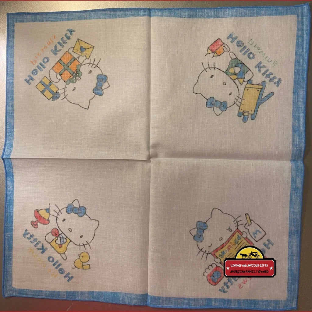 Handkerchief with Hello Kitty characters and a blue border, perfect kitty cotton cloth gift