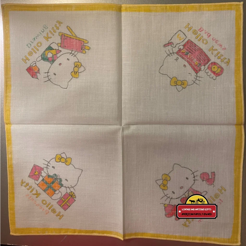 Colorful cotton cloth napkin with four cute cartoon cats and Japanese text