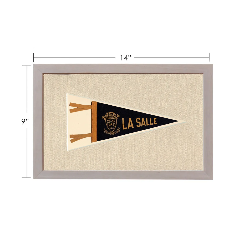 Vintage La Salle pennant in black and gold, framed in gray