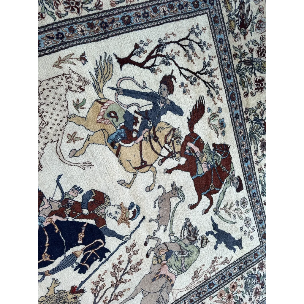 Vintage Lahore hunting scene rug with cream-colored intricate horseback riders and animals