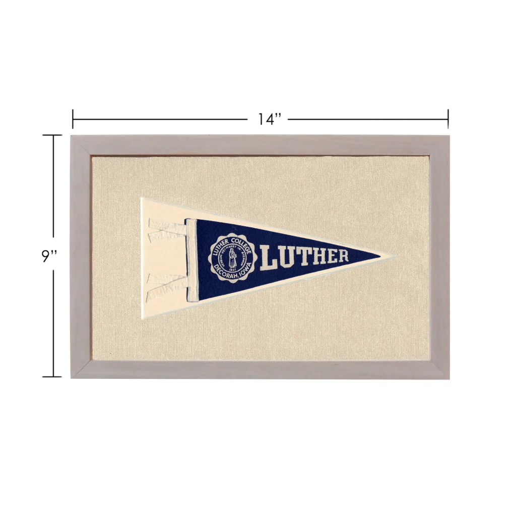 Framed vintage Luther College pennant in navy blue and cream