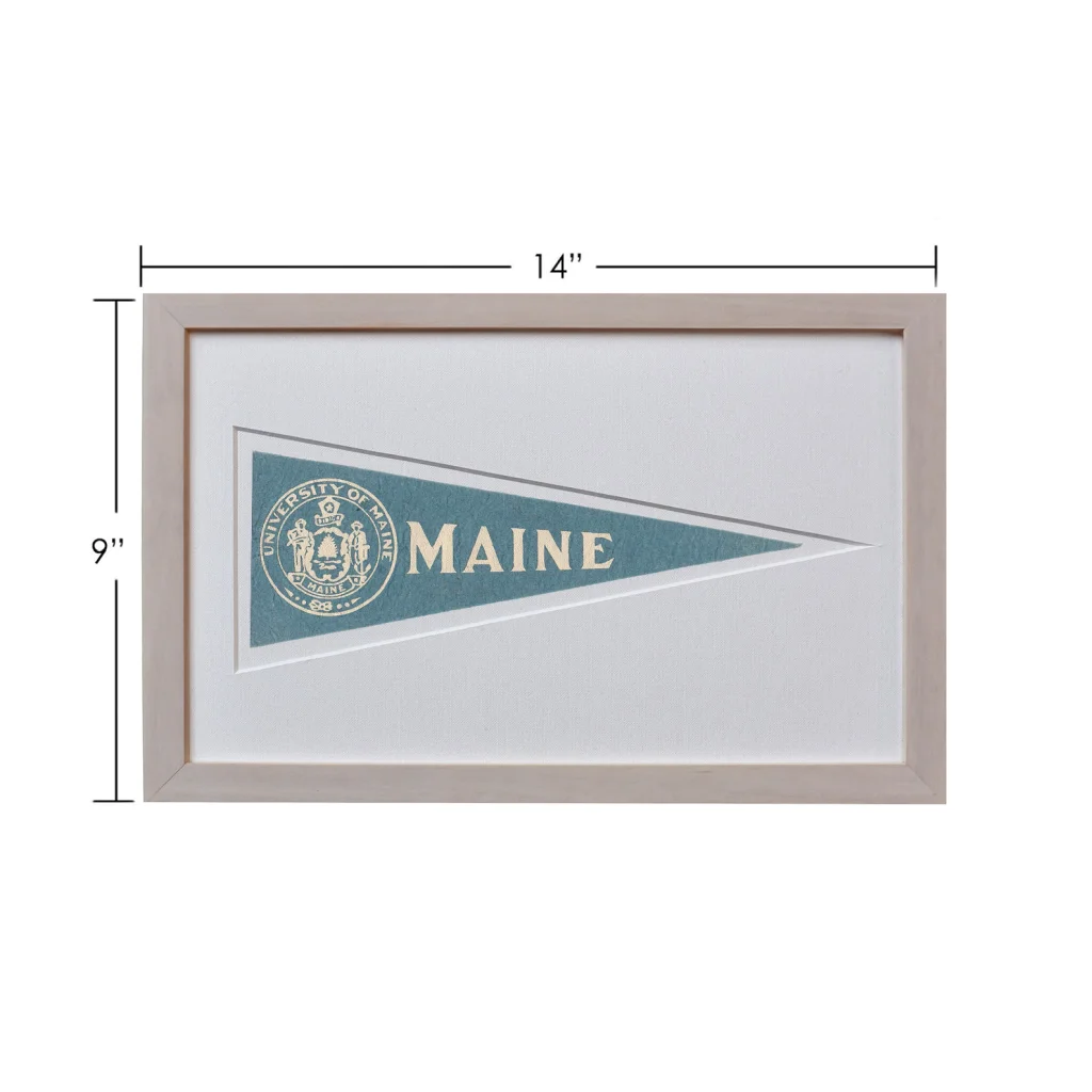 Vintage Maine University 1950s pennant flag framed with gold border