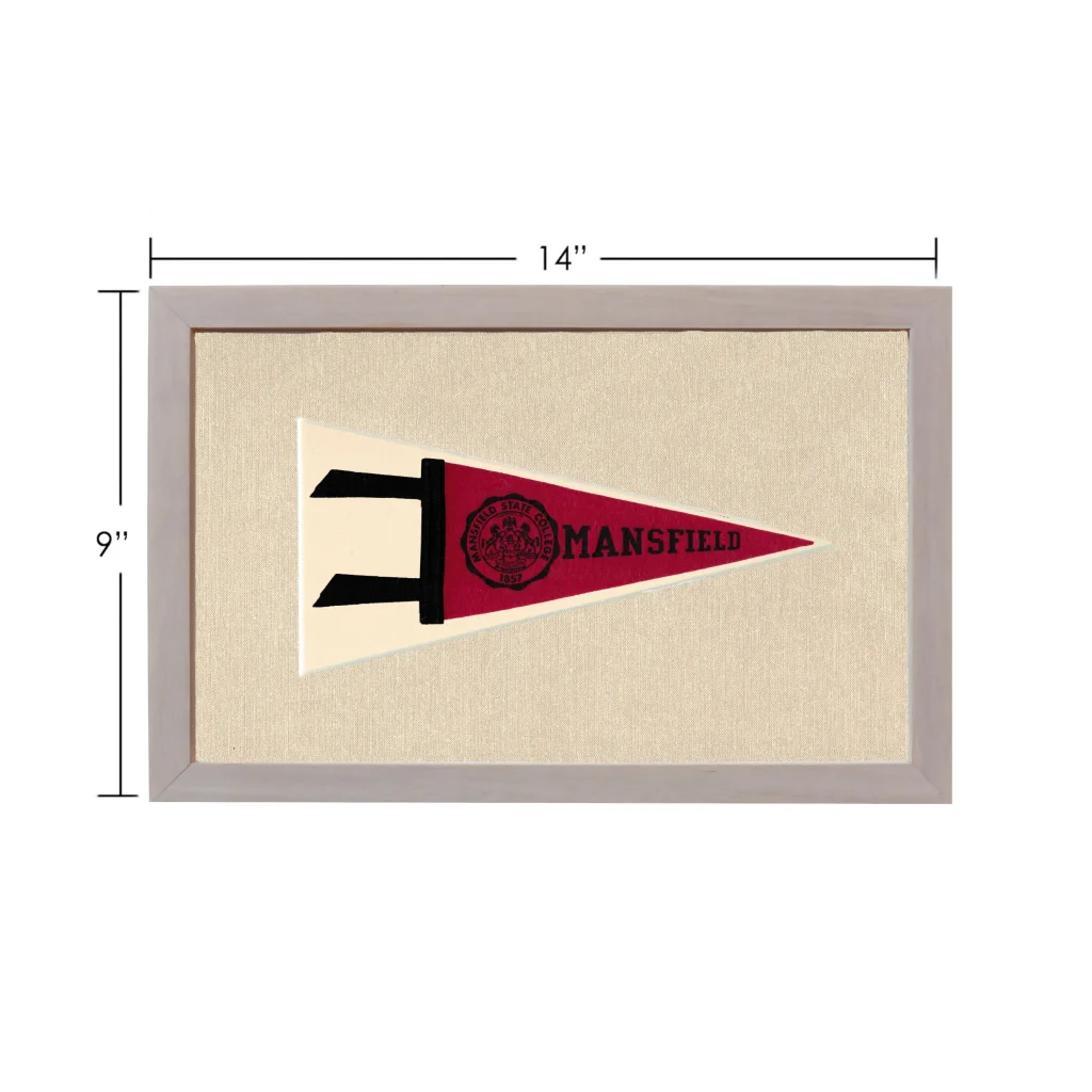 Framed vintage Mansfield State College pennant in red and cream