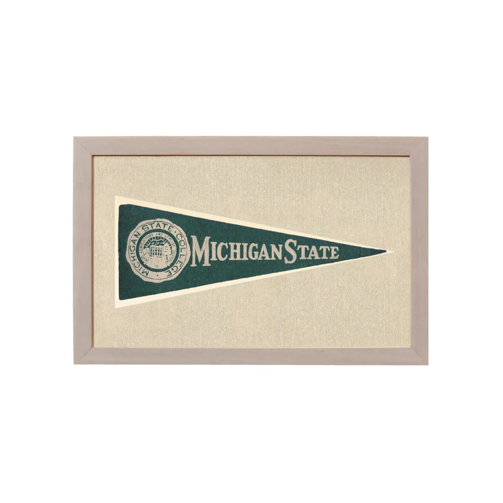 Vintage Michigan State Hormel pennant framed on beige background