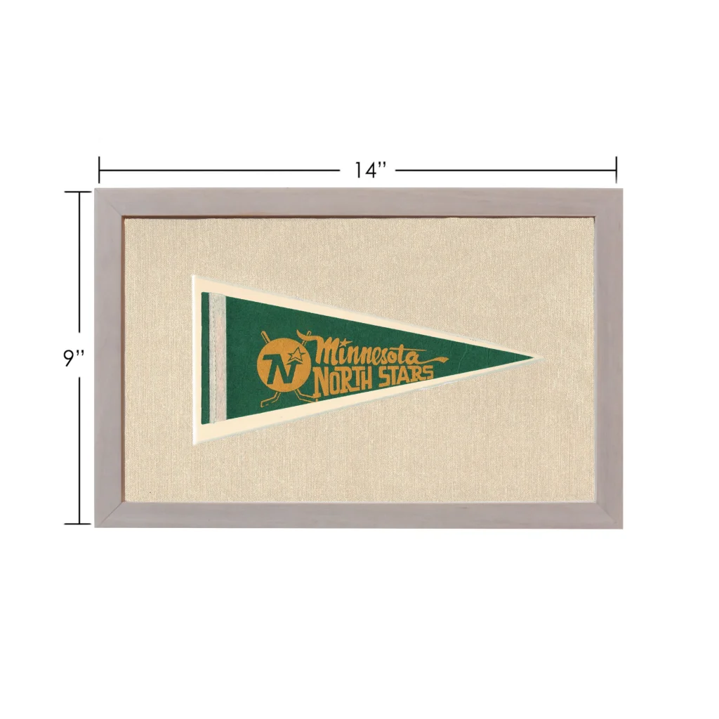 Vintage Minnesota North Stars green and gold pennant in gray frame