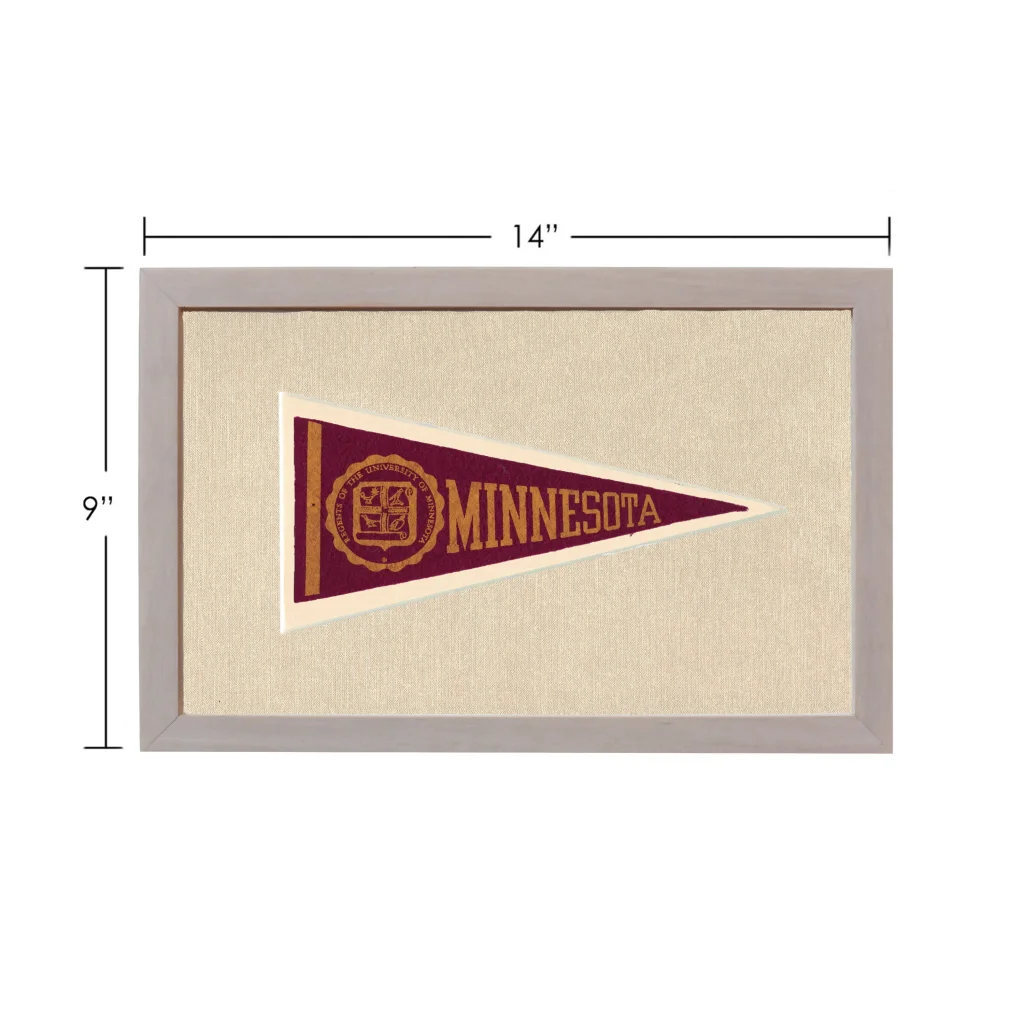 Vintage Minnesota pennant in maroon and gold, framed in gray
