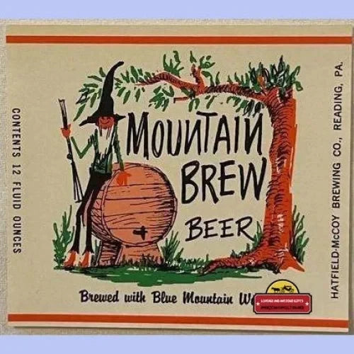 Vintage Mountain Brew Beer Label Reading Pa Hatfield Mccoy Brewing 1963 - 1965 Advertisements and Antique Gifts Home