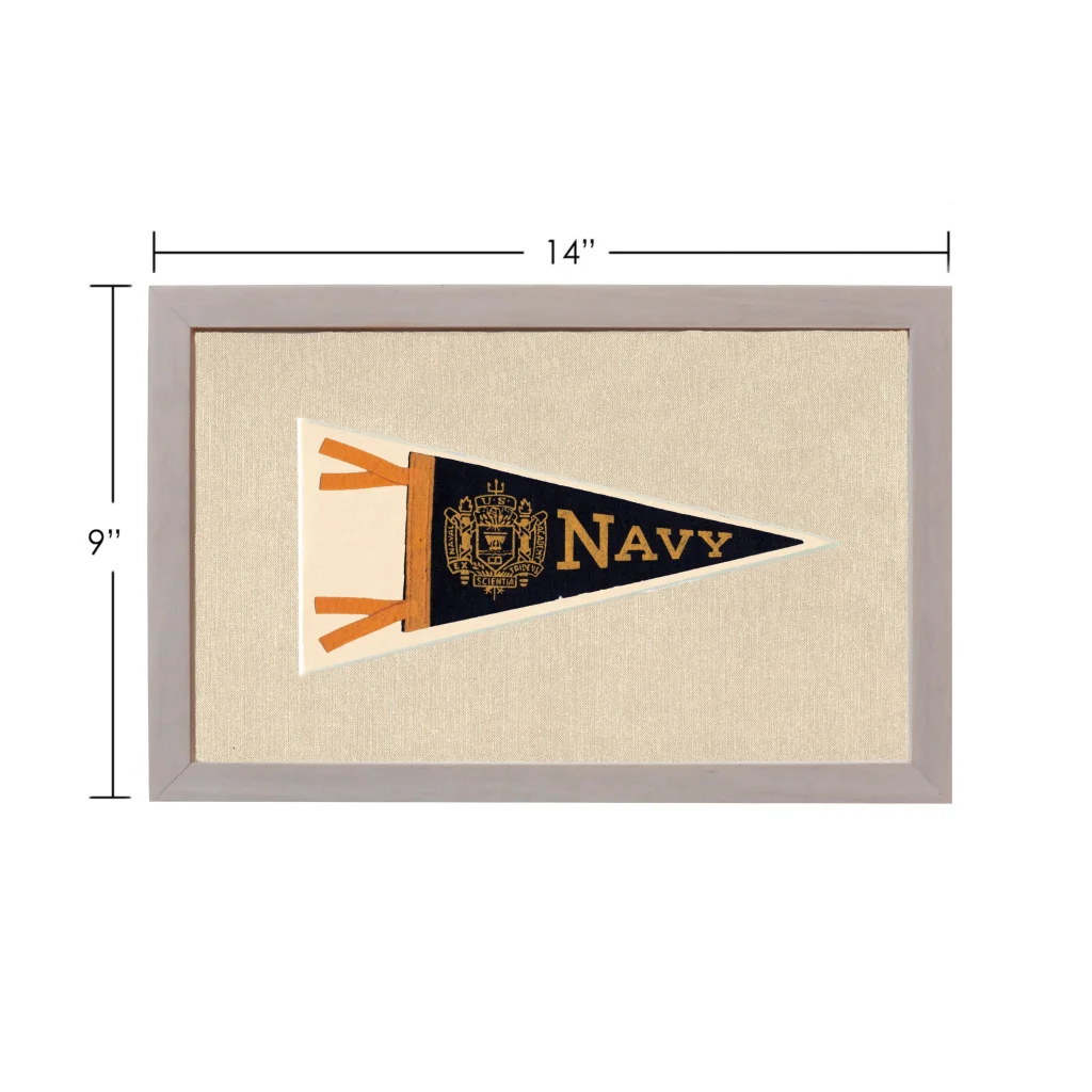 Vintage navy pennant framed with black field, gold lettering, and orange trim