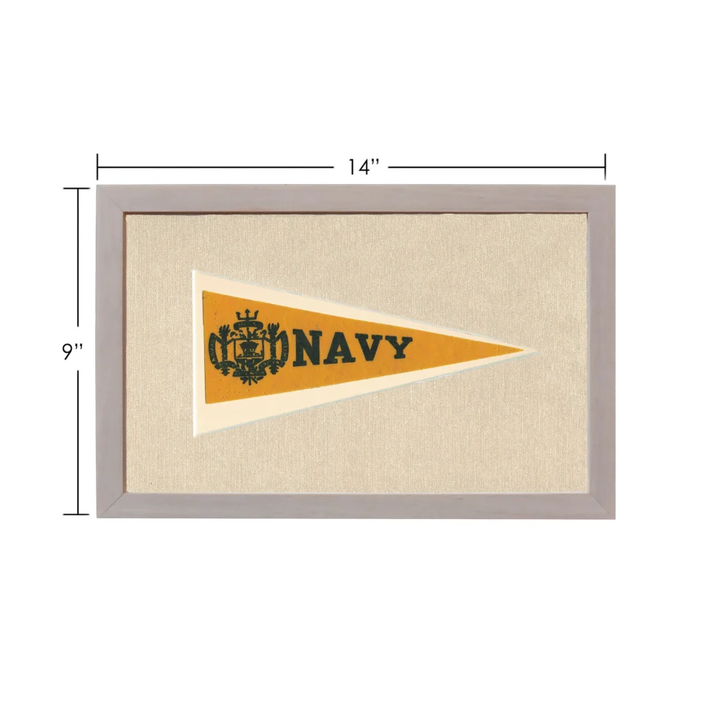 Vintage navy pennant in gray frame on beige background