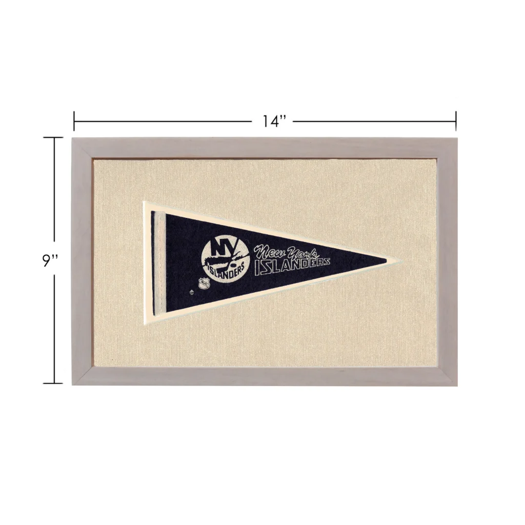 Vintage New York Islanders pennant in navy blue with gray frame