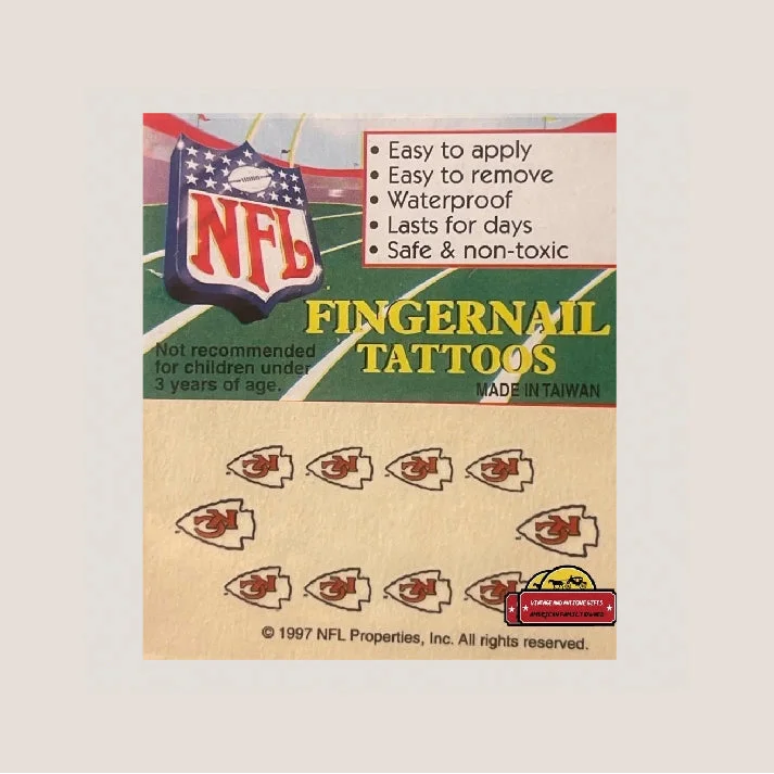 Package of red Kansas City Chiefs fingernail tattoos from 1997, made in Taiwan.