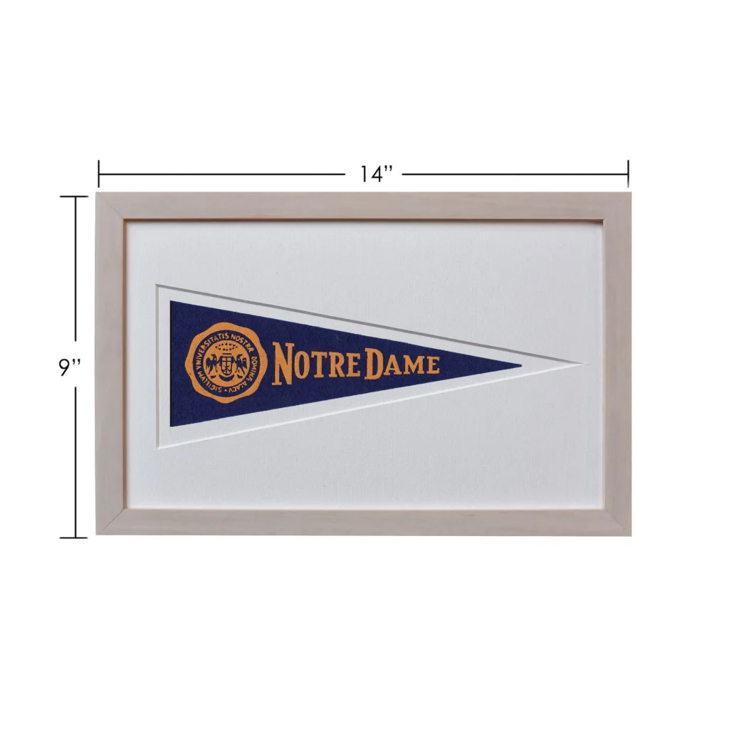 Framed vintage Notre Dame 1950s pennant flag collectible