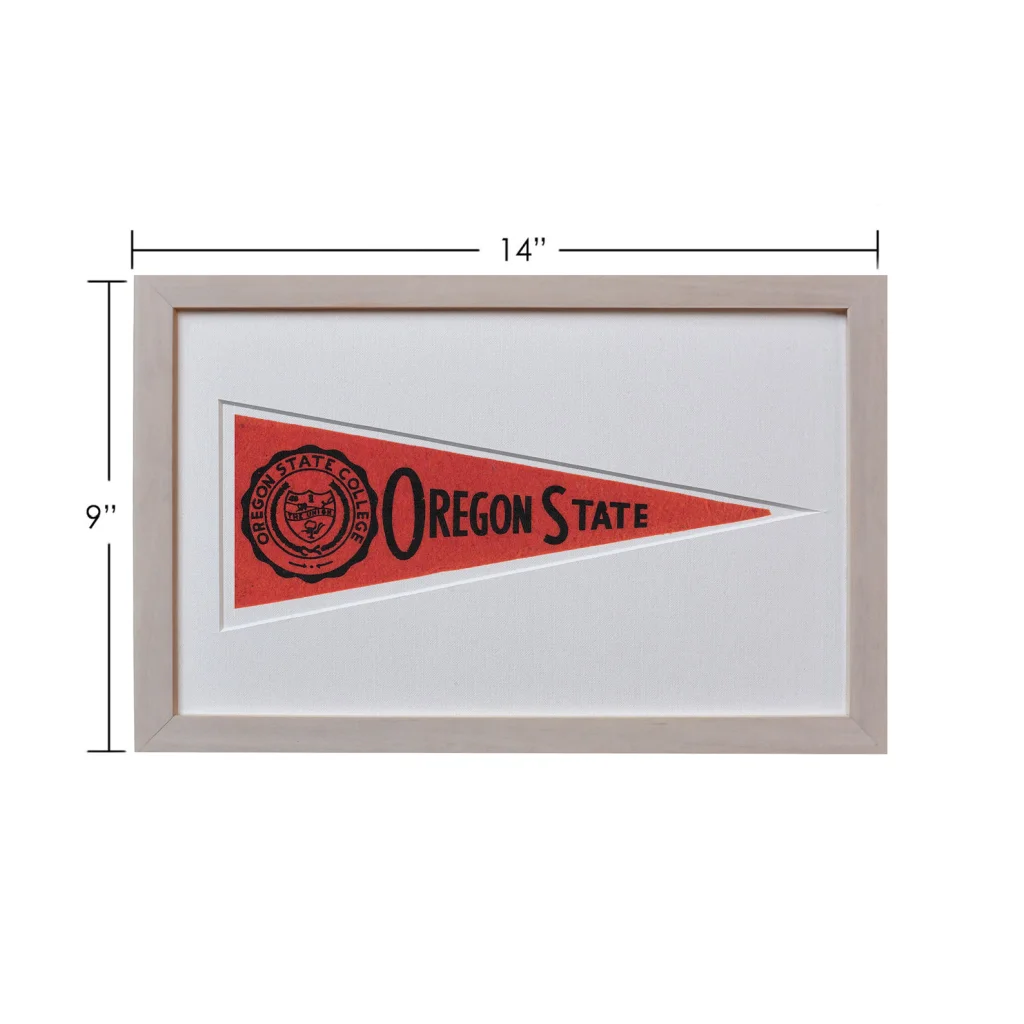 Framed vintage Oregon State Beavers 1950s pennant in red and white