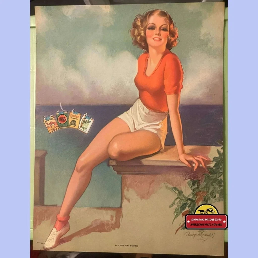 Vintage pinup girl illustration of a smiling blonde in red top and white shorts