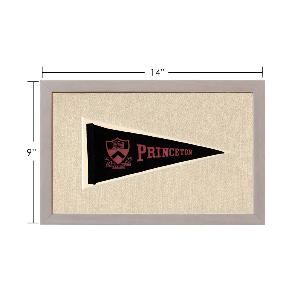 Vintage Princeton pennant in black with red lettering and crest, framed