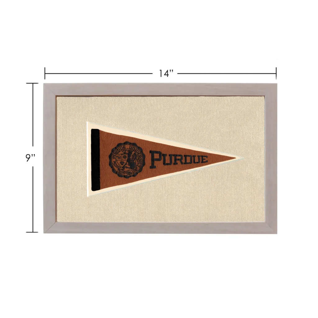 Vintage Purdue pennant with brown triangle, black lettering, emblem, gray border