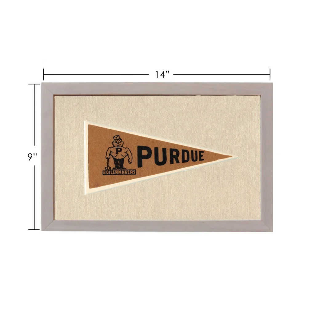 Vintage Purdue pennant with Boilermakers mascot in gray frame