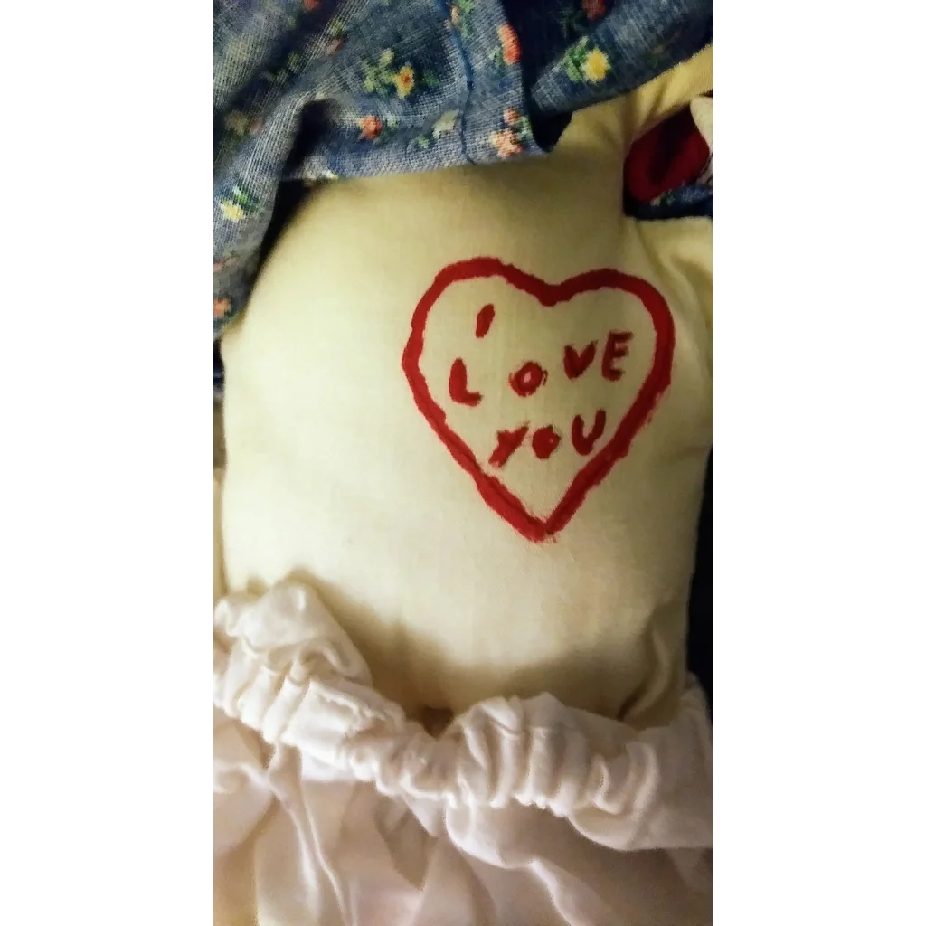 Vintage Raggedy Ann doll with cream heart pillow embroidered I love you