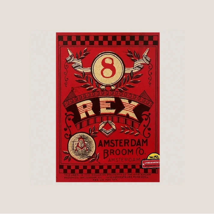 Red Amsterdam Broom Co. vintage rex broom label for antique rex broom decor