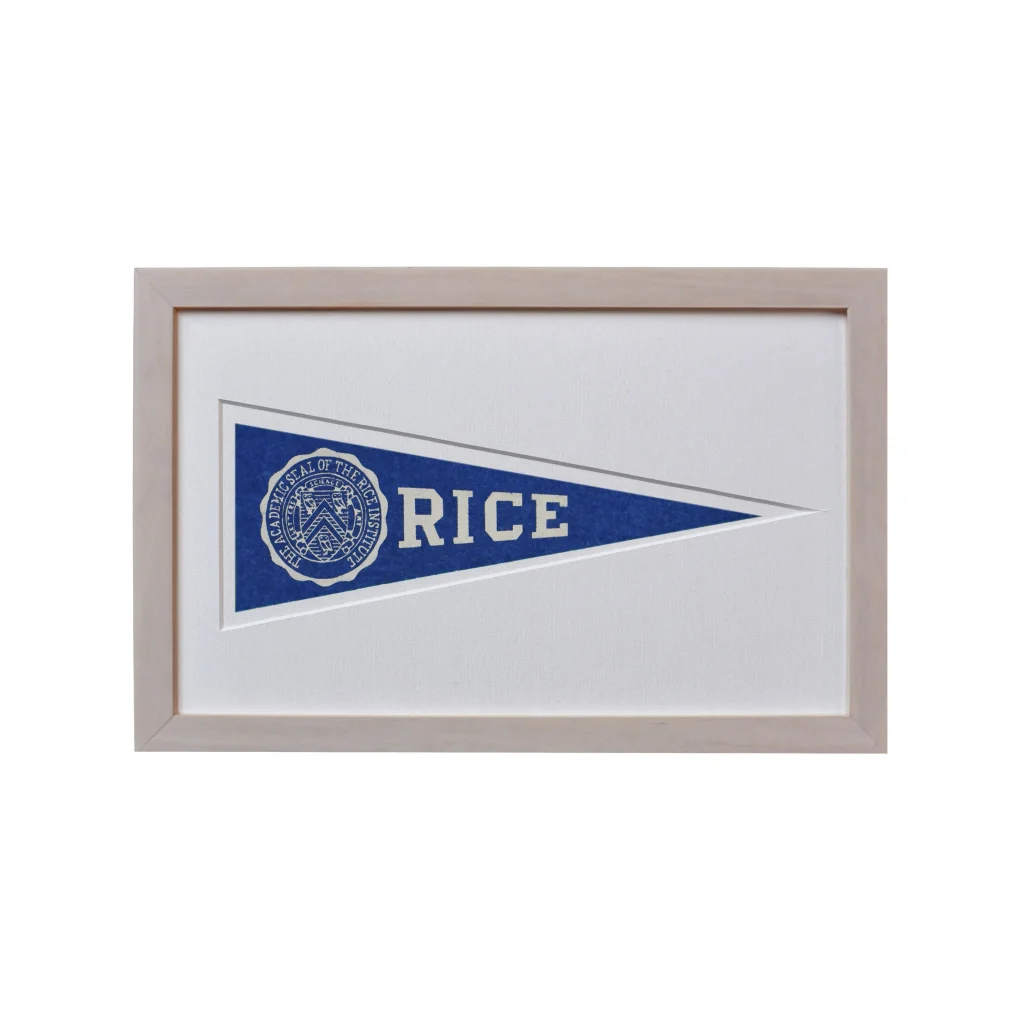 Vintage Rice wool felt pennant flag framed from 1950s comic books