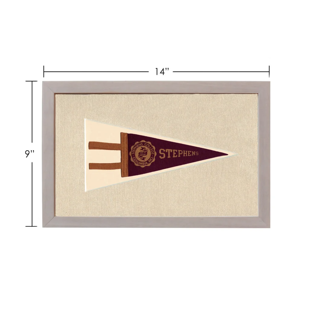 Vintage Stephens College maroon cream pennant in gray frame