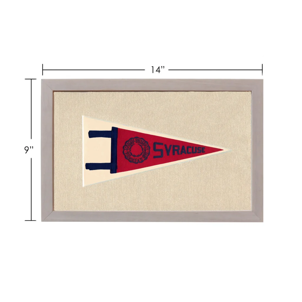 Vintage Syracuse University pennant in framed red triangle with navy trim