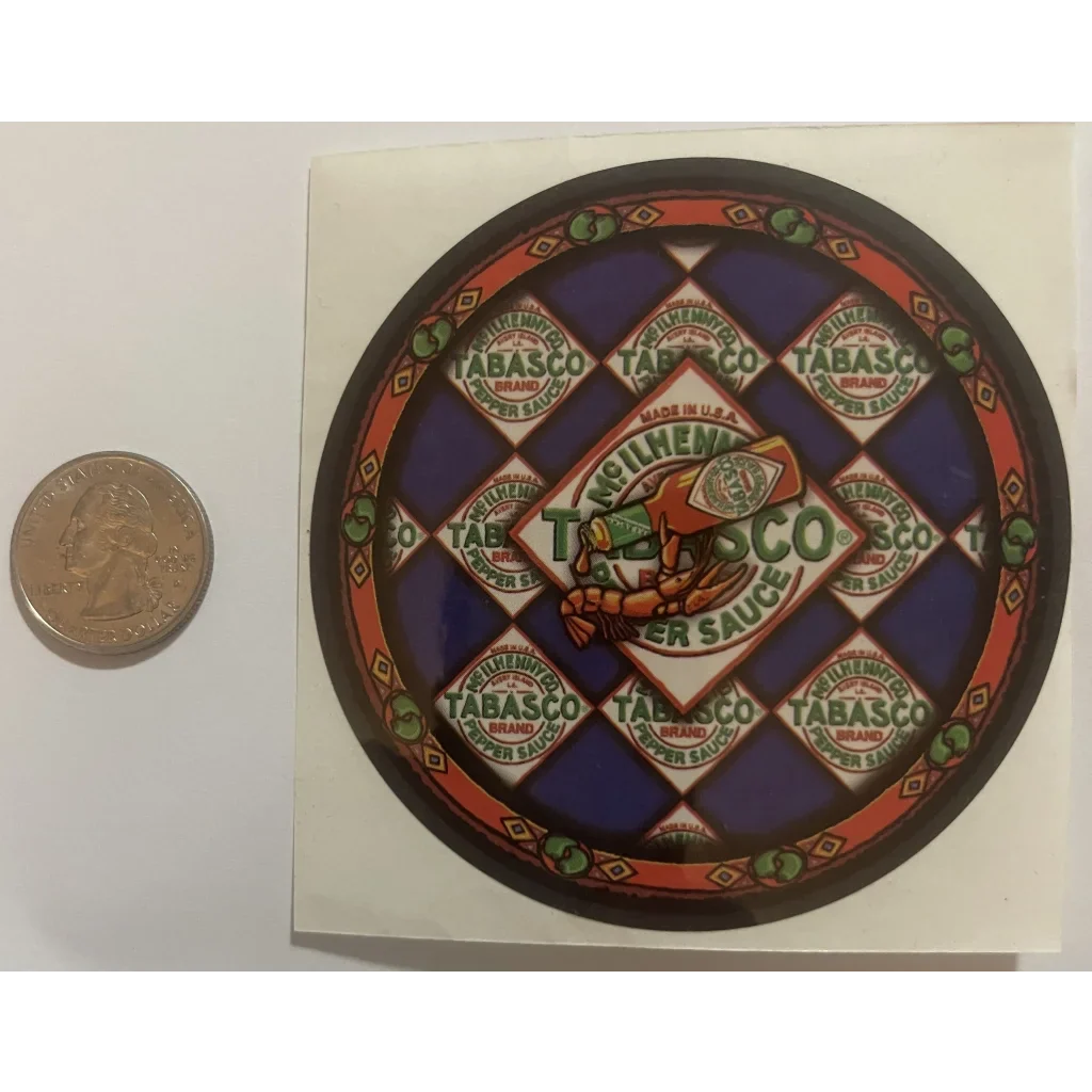 Circular Tabasco McIlhenny sauce sticker featuring a bull design and vintage patterns